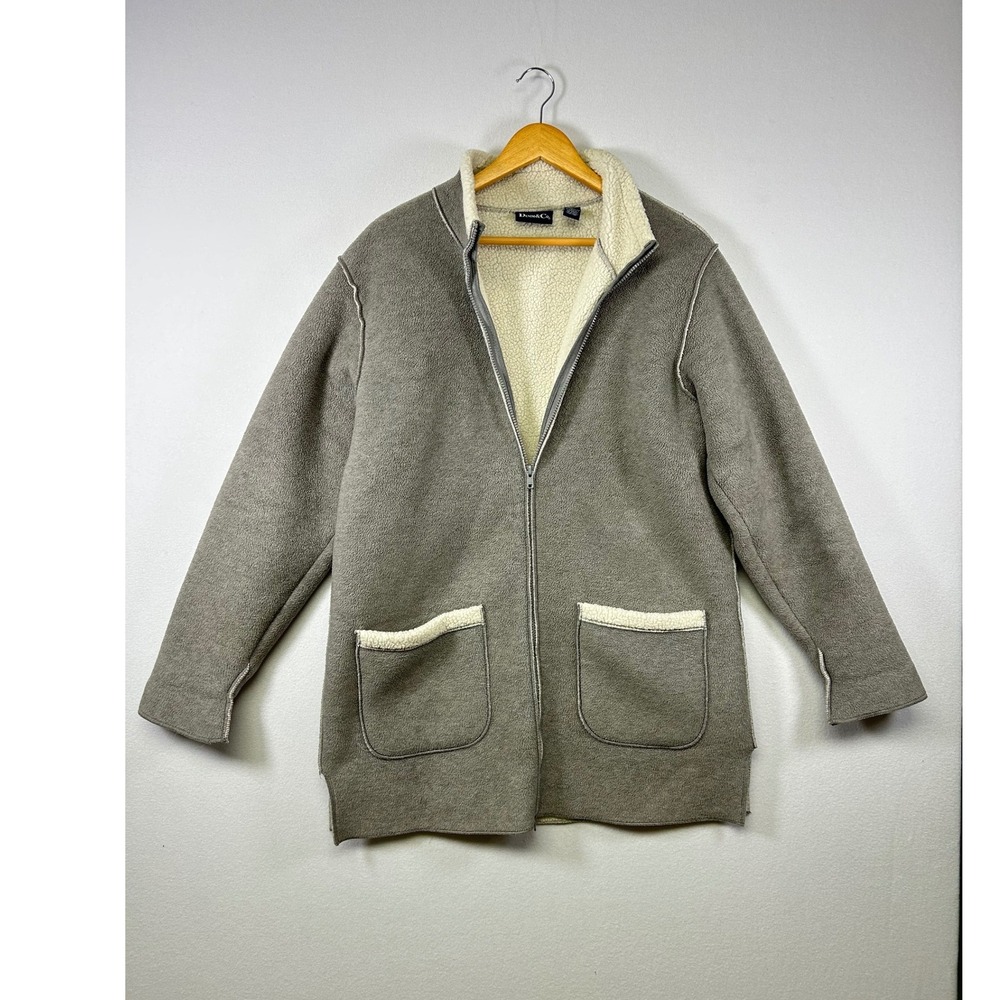 Denim & Co Fleece Jacket Womens Medium Grey Sherpa Lined Full Zip Mock Neck Coat